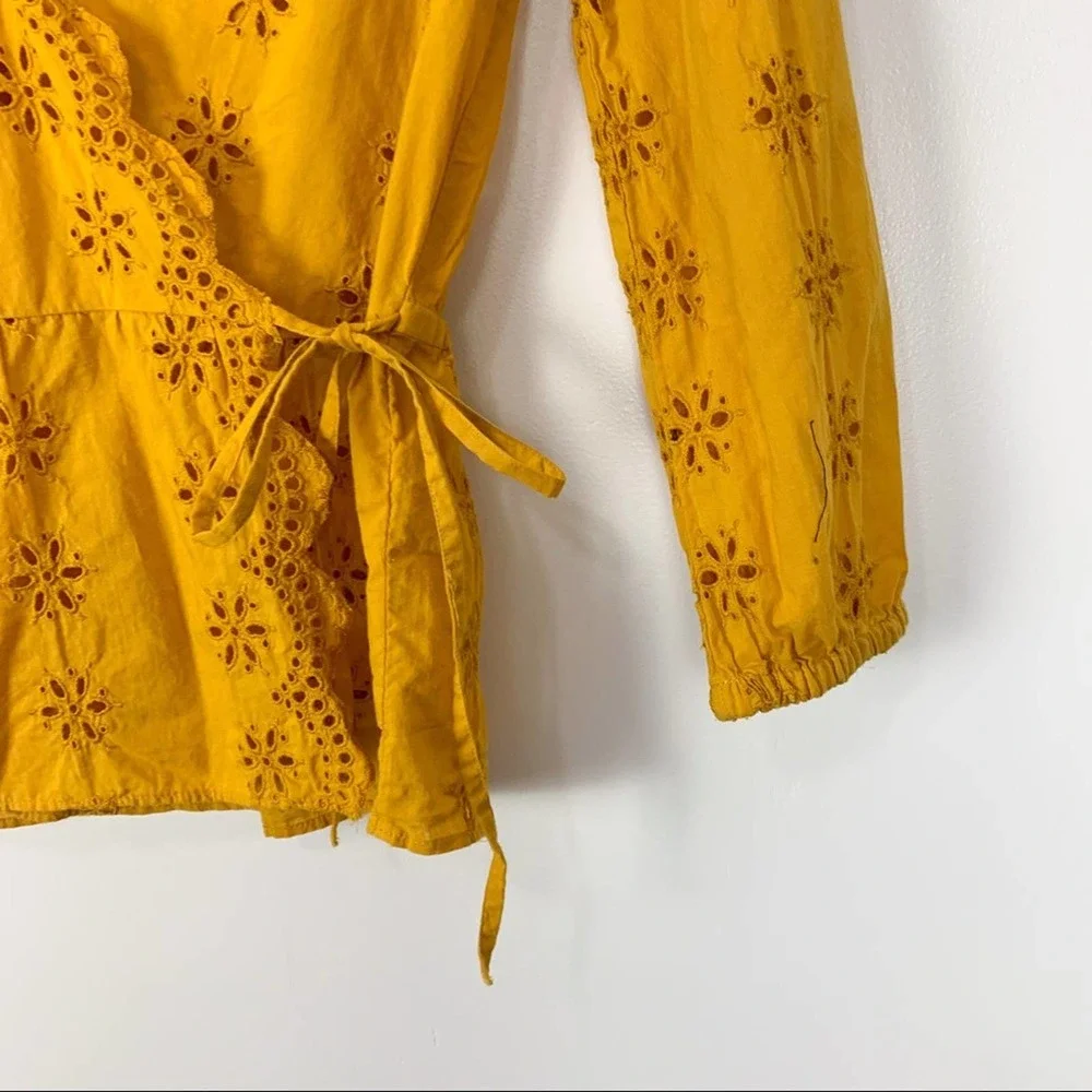 Madewell Mustard Yellow Scalloped Eyelet Wrap Top SIze Extra Extra Small - Picture 8 of 16